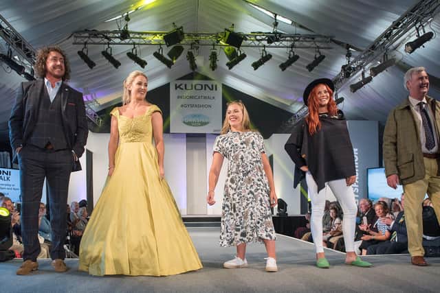 Great Yorkshire Show Celebrity Fashion Show  2019 L-R Ryan Sidebottom in Brook Taverner, Lizzie Jones in Jillian Welch Design, Hannah Cockroft dressed by Sandersons Department store, Hannah Jackson in a Galijah cape and vet Peter Wright wearing Brook Taverner. Photo:  Kate Mallender