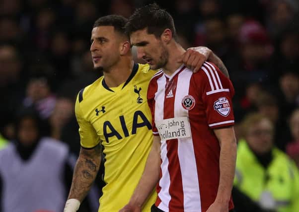 Capital One Cup semi-final seconnd leg, 
Sheffield United V Tottenham Hotspur , January 28, 2015; Chris Basham and Kyle Walker (Picture: Martyn Harrison/Blades Sports Photography)