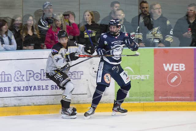 Jordan Griffin, right, in action for Sheffield Steeldogs at Milton Keynes last season. Picture courtesy of Tony Sargent.
