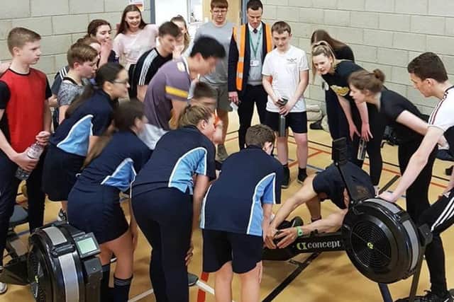 Students at Boston Spa Academy taking part in a rowing challenge to raise funds for Inspire Malawi.