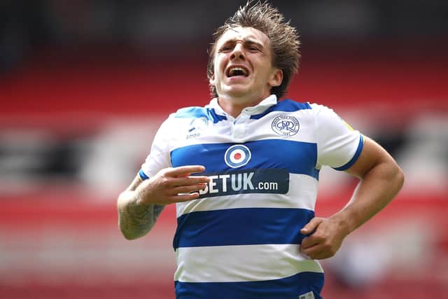 Queens Park Rangers' Jordan Hugill celebrates scoring his side's first goal of the game during the Sky Bet Championship match at the Riverside Stadium, Middlesbrough. PA Photo. Picture date: Sunday July 5, 2020. See PA story SOCCER Middlesbrough. Photo credit should read: Tim Goode/PA Wire. RESTRICTIONS: EDITORIAL USE ONLY No use with unauthorised audio, video, data, fixture lists, club/league logos or "live" services. Online in-match use limited to 120 images, no video emulation. No use in betting, games or single club/league/player publications.