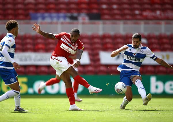 Middlesbrough's Britt Assombalonga (centre) shoots towards goal during the Sky Bet Championship match at the Riverside Stadium, Middlesbrough. PA Photo. Picture date: Sunday July 5, 2020. See PA story SOCCER Middlesbrough. Photo credit should read: Tim Goode/PA Wire. RESTRICTIONS: EDITORIAL USE ONLY No use with unauthorised audio, video, data, fixture lists, club/league logos or "live" services. Online in-match use limited to 120 images, no video emulation. No use in betting, games or single club/league/player publications.