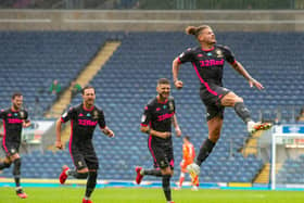 FLYING: Leeds United midfielder Kalvin Phillips, right, celebrates his stunning free-kick at Blackburn Rovers. Picture by Bruce Rollinson.