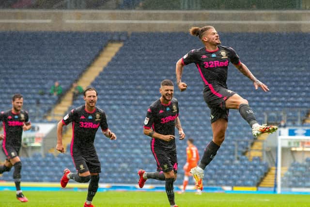 FLYING: Leeds United midfielder Kalvin Phillips, right, celebrates his stunning free-kick at Blackburn Rovers. Picture by Bruce Rollinson.