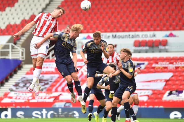 OPENER: Sam Vokes heads in for Stoke City. Picture: Nathan Stirk/Getty Images.