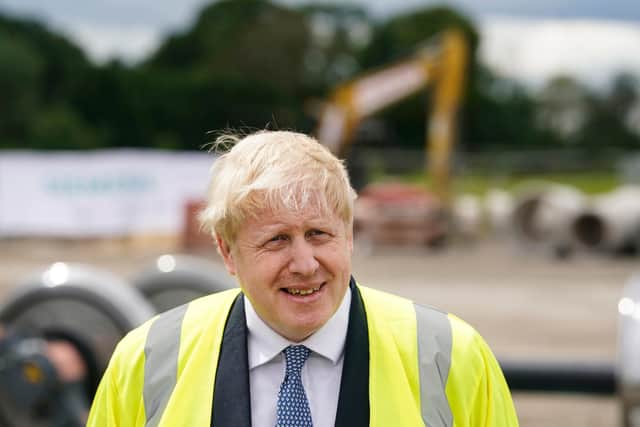 Boris Johnson speaking at the Siemens Rail Manufacturing construction site in Goole today. Pic: Downing Street