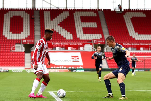 Stoke City's Tyrese Campbell (left) and Barnsley's Mads Andersen battle for the ball. Picture: Nick Potts/PA