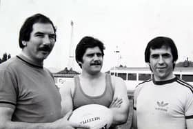Bill Ramsey, left, is pictured with players Howard Budby and Peter Dunn in 1979, during his time as coach of New Hunslet. Picture by Yorkshire Post.