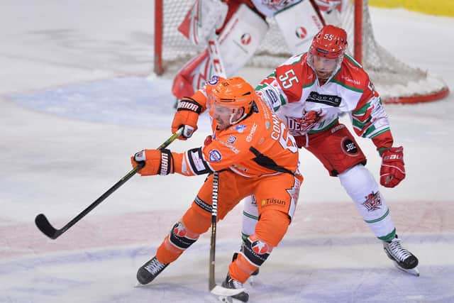 IN THE THICK OF IT: Brendan Connolly, pictured in action against Cardiff Devils at FlyDSA Arena last season. Picture courtesy of Dean Woolley.