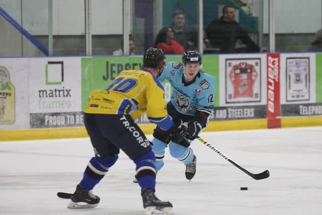 SEE YOU SOON: Kieran Brown, in action for Sheffield Steeldogs against Leeds Chiefs at Ice Sheffield last season. Picture courtesy of Cerys Molloy.