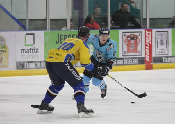 SEE YOU SOON: Kieran Brown, in action for Sheffield Steeldogs against Leeds Chiefs at Ice Sheffield last season. Picture courtesy of Cerys Molloy.
