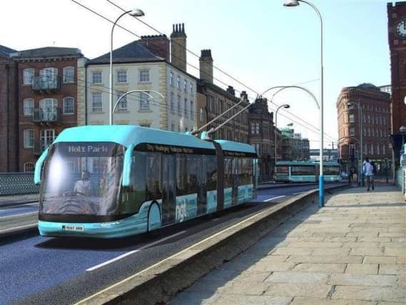 An artist's impression of how the Leeds trolleybus scheme may have looked, before it was shelved in 2016. Could a new system look similar?