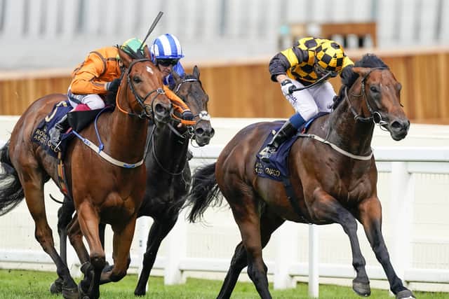 Hello Youmzain (right) wins the Diamond Jubilee Stakes at Royal Ascot under Kevin Stott.