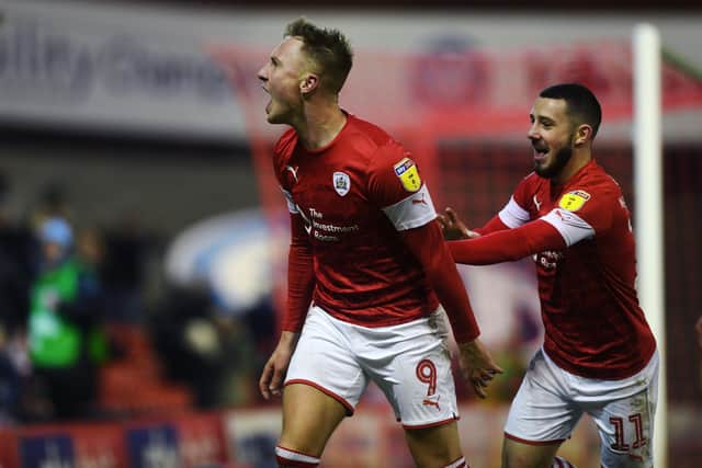 Cauley Woodrow celebrates opening the scoring with Conor Chaplin against Reading at Oakwell back in December. Picture: Jonathan Gawthorpe.
