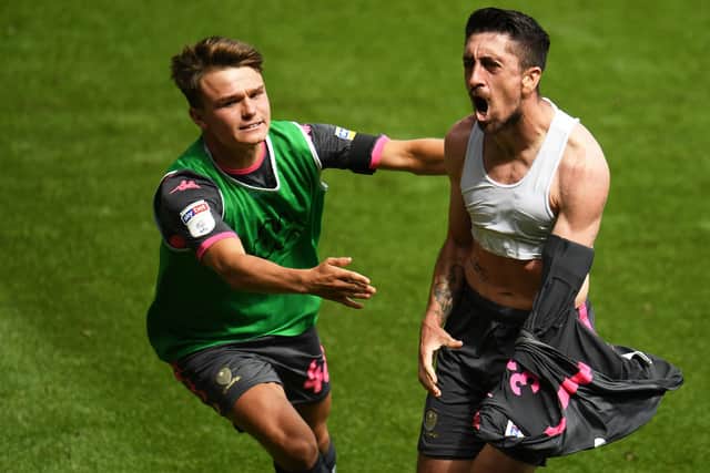 SWANSEA, WALES - JULY 12: Pablo Hernandez of Leeds United celebrates his sides first goal during the Sky Bet Championship match between Swansea City and Leeds United at the Liberty Stadium on July 12, 2020 in Swansea, Wales. (Photo by Harry Trump/Getty Images)