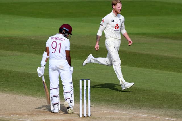 England's Ben Stokes celebrates taking the wicket of West Indies Shane Dowrich during day five of the Test Series at the Ageas Bowl, Southampton. PA Photo. Issue date: : Sunday July 12, 2020. See PA story CRICKET England. Photo credit should read: Mike Hewitt/NMC Pool/PA Wire. RESTRICTIONS: Editorial use only. No commercial use without prior written consent of the ECB. Still image use only. No moving images to emulate broadcast. No removing or obscuring of sponsor logos.