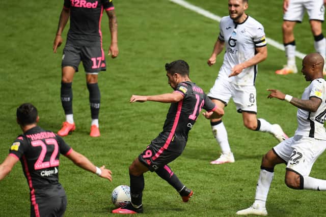 SWANSEA, WALES - JULY 12: Pablo Hernandez of Leeds United scores his sides first goal during the Sky Bet Championship match between Swansea City and Leeds United at the Liberty Stadium on July 12, 2020 in Swansea, Wales. (Photo by Harry Trump/Getty Images)