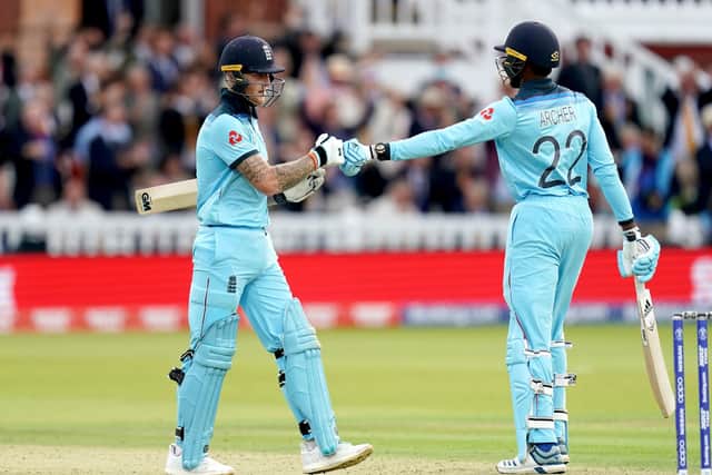 England's Ben Stokes (left) and Jofra Archer during the ICC World Cup Final at Lord's, London. PRESS ASSOCIATION Photo. Picture date: Sunday July 14, 2019. See PA story CRICKET England. Photo credit should read: John Walton/PA Wire. RESTRICTIONS: Editorial use only. No commercial use. Still image use only.