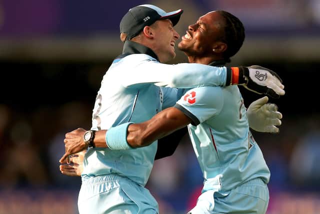 England's Jofra Archer (right) reacts with Jos Buttler after bowling the winning ball during the ICC World Cup Final at Lord's, London. PRESS ASSOCIATION Photo. Picture date: Sunday July 14, 2019. See PA story CRICKET England. Photo credit should read: Nick Potts/PA Wire. RESTRICTIONS: Editorial use only. No commercial use. Still image use only.