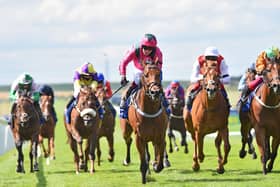 Oxted ridden by Cieren Fallon (centre) wins The Darley July Cup Stakes on day three of The Moet and Chandon July Festival at Newmarket Racecourse. PA Photo. Issue date: Saturday July 11, 2020. See PA story RACING Newmarket. Photo credit should read: Hugh Routledge/PA Wire