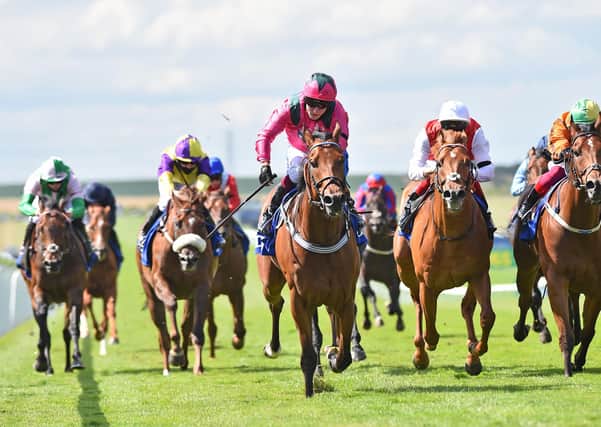 Oxted ridden by Cieren Fallon (centre) wins The Darley July Cup Stakes on day three of The Moet and Chandon July Festival at Newmarket Racecourse. PA Photo. Issue date: Saturday July 11, 2020. See PA story RACING Newmarket. Photo credit should read: Hugh Routledge/PA Wire