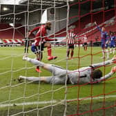 David McGoldrick of Sheffield United scores the scores the opening goal against Chelsea and makes our team of the Week (Picture: Andrew Yates/Sportimage)