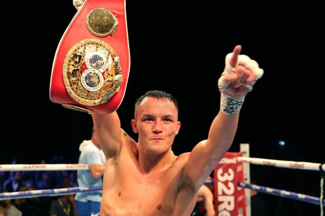Josh Warrington celebrates defeating Sofiane Takoutch in the International Boxing Federation World Feather Title at First Direct Arena, Leeds. PA Photo. Picture date: Saturday October 12, 2019. See PA story BOXING Leeds. Photo credit should read: Richard Sellers/PA Wire