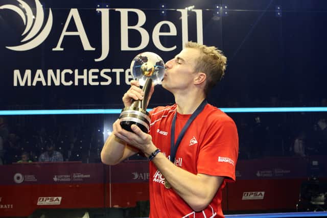 Nick Matthew, celebrating becoming World Squash Champion for a third time in 2013. Picture courtesy of PSA.