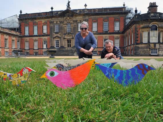 Volunteers with some of the birds on the West Front lawn of Wentworth Woodhouse