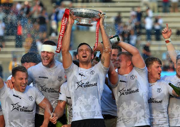 Craig Hall celebrates promotion with Toronto Wolfpack after victory over Barrow Raiders  in 2017. Picture:  SWpix.com