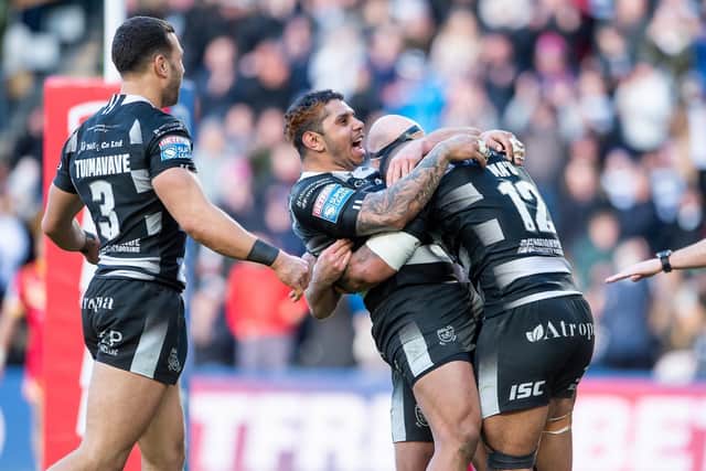 Hull FC's Manu Ma'u is congratulated by Danny Houghton & Albert Kelly on his try against the Catalan Dragons back in March (Picture: Allan McKenzie/SWPix.com)
