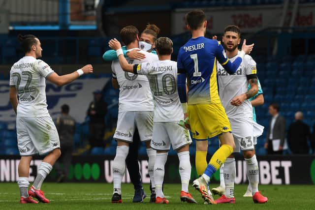 Leeds players celebrate at full time.
 (
Picture:  Jonathan Gawthorpe)