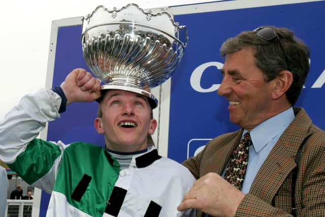 PJ McDonald and the late Ferdy Murphy celebrate the 2007 Scottish National win of Hot Weld.