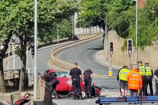 The crash scene in Brighouse where two people have died
