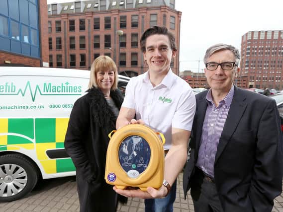 (from left to right) Hilary Watson of the BEF, Jonathan Gilbert of Defib Machines and Mark Wikcockson of the British Business Bank