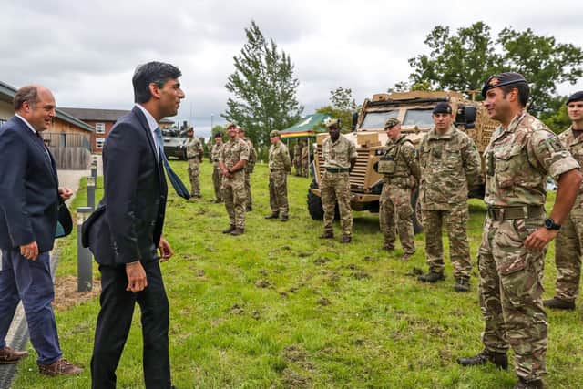 Defence Secretary Ben Wallace alongside Chancellor of the Exchequer Rishi Sunak meet soldiers during a visit to Catterick Garrison in North Yorkshire, following the announcement that more than 5,000 military personnel and their families will have their homes modernised. Pic: Peter Byrne: PA