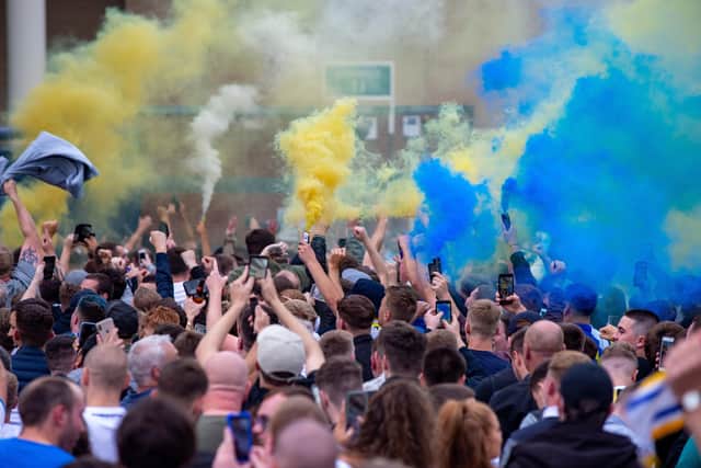 Leeds United fans celebrate their promotion to the Premier League at Elland Road.  Picture: Bruce Rollinson