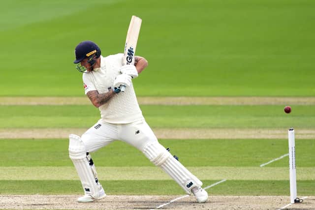 England's Ben Stokes bats during day two of the Second Test at Emirates Old Trafford, Manchester. PA Photo. Issue date: Friday July 17, 2020. See PA story CRICKET England. Photo credit should read: Jon Super/NMC Pool/PA Wire. RESTRICTIONS: Editorial use only. No commercial use without prior written consent of the ECB. Still image use only. No moving images to emulate broadcast. No removing or obscuring of sponsor logos.