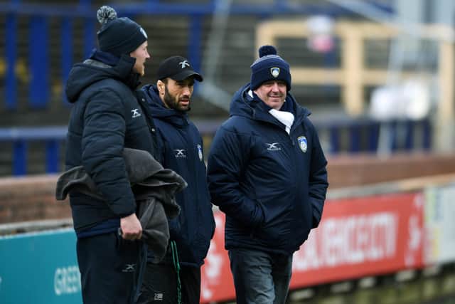 TOUGH TIMES: Steve Boden, centre, working as head coach with
Yorkshire Carnegie's then director of rugby Chris Stirling back in March 2019.
 Picture: Jonathan Gawthorpe