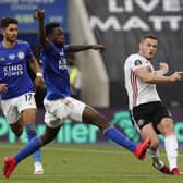 Demanding improvement: Blades' Jack O'Connell challenged by Wilfred Ndidi of Leicester City. Picture: Darren Staples/Sportimage