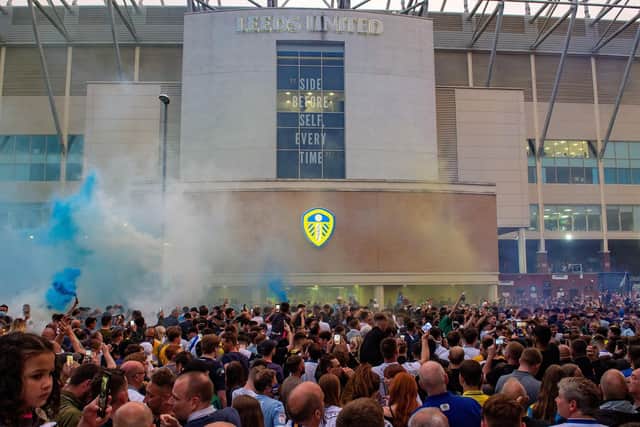 THE WAIT IS OVER: Supporters gather outside Elland Road to celebrate promotion to the Premier League. Picture: Bruce Rollinson.