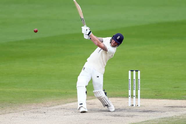 England's Ben Stokes hits a four over long on during day five of the second Test at Old Trafford. Picture: Michael Steele/NMC Pool/PA