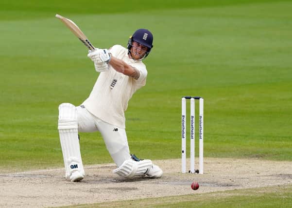 England's Ben Stokes powers the ball through the covers on his way to an unbeaten 78 against West Indies on day five of the second Test at Old Trafford. Picture: Jon Super/NMC Pool/PA