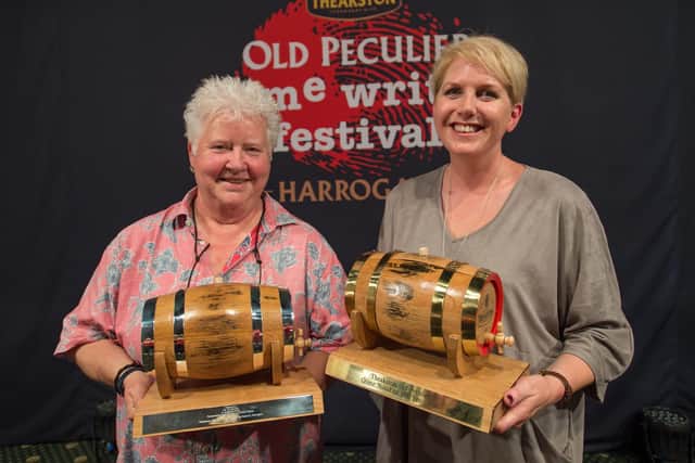 Val pictured with fellow award winner Clare Macintosh in Harrogate in 2016. Picture: Charlotte Graham/Guzelian