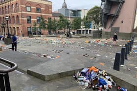 Some of the litter left in Millennium Square after Leeds United's promotion celebrations earlier this month.