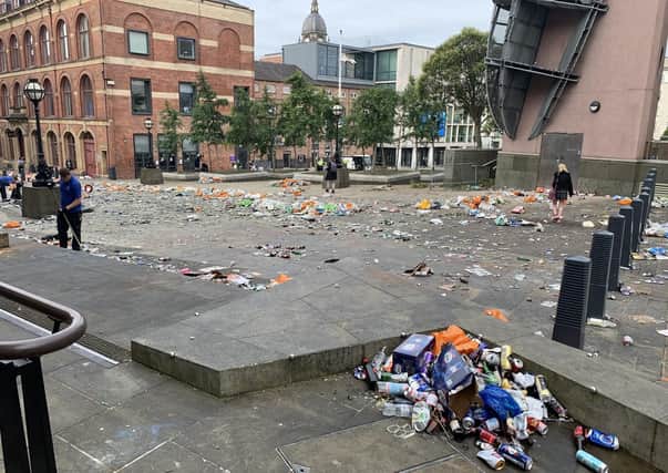 Some of the litter left in Millennium Square after Leeds United's promotion celebrations earlier this month.