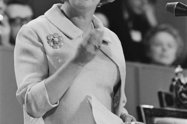 Conservative politician and future Prime Minister Margaret Thatcher (1925 - 2013) speaking at the Conservative Party conference in Brighton, UK, 21st October 1967.  (Photo by Stanley Sherman/Express/Getty Images)