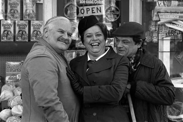 Ronnie Barker, with co-stars Lynda Baron (Nurse Gladys) and David Jason (Arkwright's nephew/assisstant Granville