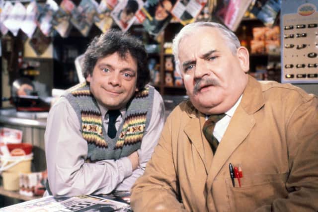 David Jason and Ronnie Barker during filming of Open All Hours