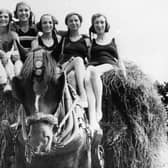 30th June 1934:  Girls in bathing costumes ride home on a load of hay after helping out with the harvest, at Torquay.  (Photo by Fox Photos/Getty Images)
